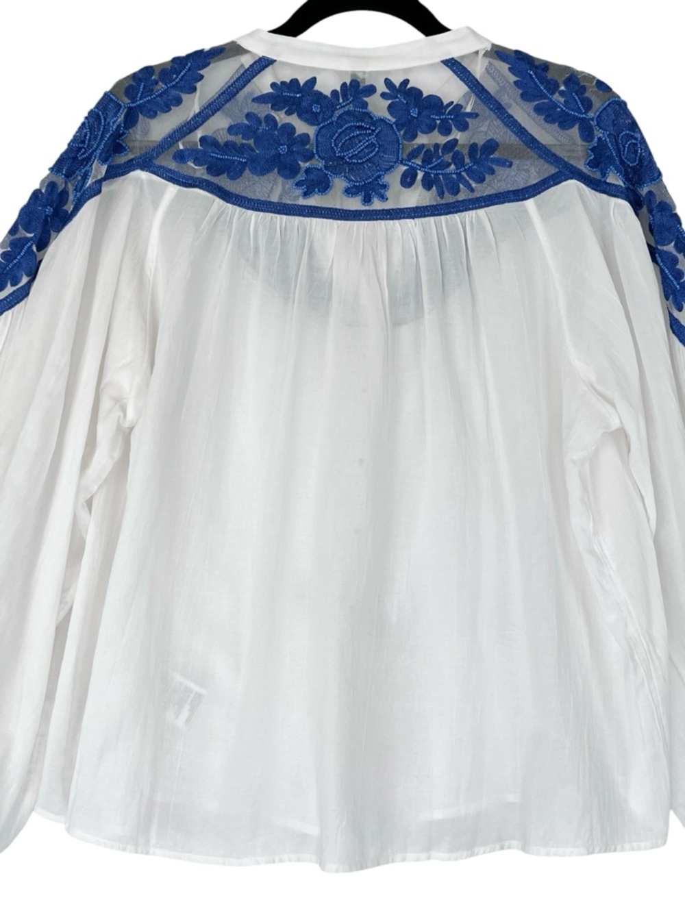 Anthropologie Long-Sleeve Lace Blouse White Blue Sz S Embroidered Beaded Relaxed - Picture 4 of 16